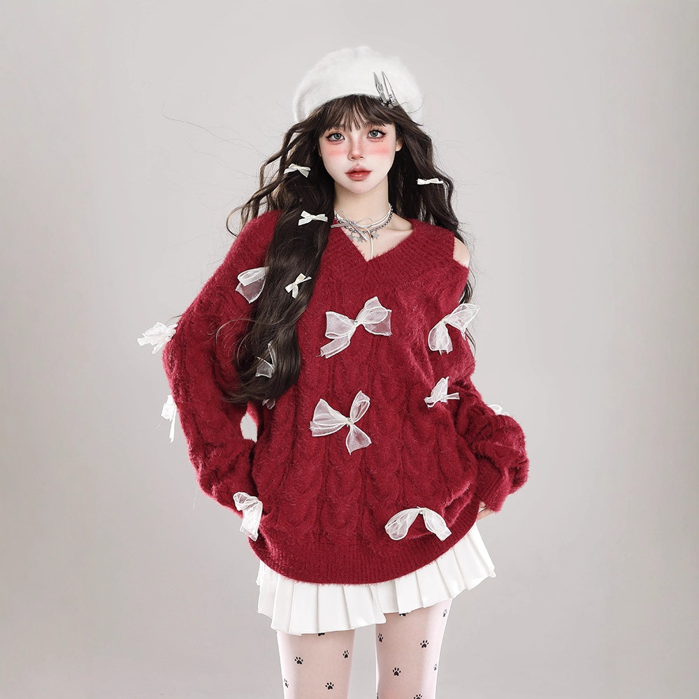 Bow Red Off-Shoulder V-Neck Sweater for Girls in Winter New Year Wear Lazy Style Loose Knitted Top