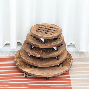 Carbonized Wooden Thickened Round with Roller Fish Tank Universal Wheel Mobile Base Wooden Flower Pot Mobile Tray