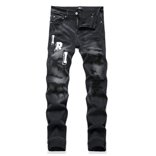 in stock Supply AM Brand Foreign Trade Style Slim Fit Elastic Ripped Cloth Embroidered Badge Leg Men's Jeans