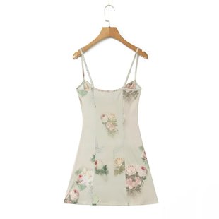 7013 summer new women's European and American style sling V-neck flower print knitted high elastic sling dress
