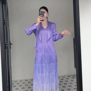 High-end Pleated dress Women's Suit Collar Long Slim-fit Slimming Cake Dress French Elegant Autumn Dress