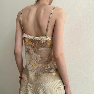 French Style Pure Desire Vintage Floral Lace Stitching V-Neck Sling Women's vintage Sexy Waisted Slim Look Vest