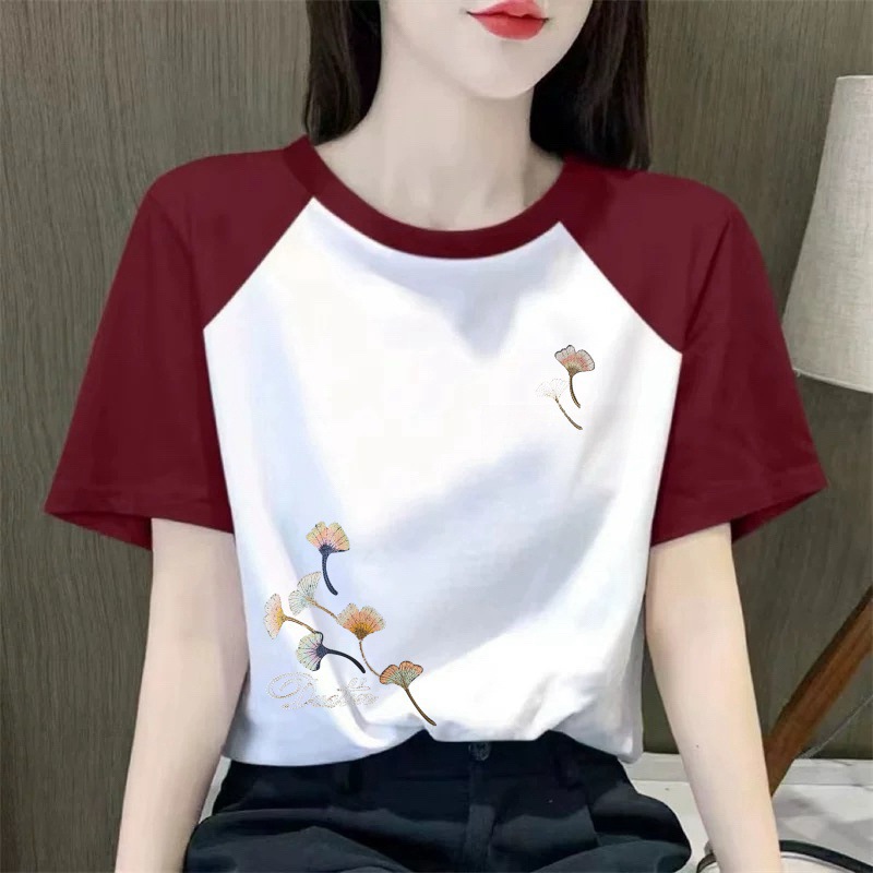 클리어런스 컬러 콘트라스트 숄더 반팔 티셔츠 여성 여름 새로운 한국식 유행의 시대 감소 슬리밍 스티칭 독특한 세련된 탑
