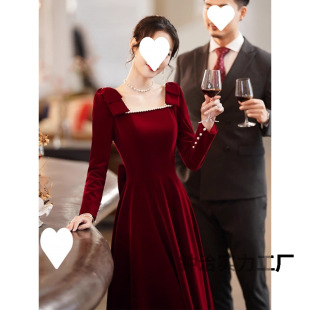 Bride Toast Dress 2024 New Engagement Wedding Dress Retro Elegant Autumn and Winter Style Banquet Back-to-door casual dress