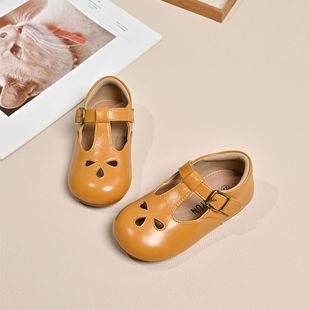 Zhongwei 235-28 Spring and Autumn New girls' retro soft bottom genuine leather peas shoes for children 2-6 years old princess shoes single