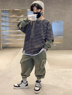 Boys' fake two-piece striped sweater trendy western style 2025 spring new children's autumn coat spring and autumn trendy