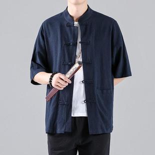 Chinese Style Summer Short-sleeved Button Up Shirt Men's Half-sleeved Tang Coat Chinese Style Cotton Linen Casual Zhongshan Shirt Youth Trendy