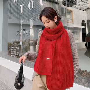 Korean Style Solid Color Labeled Scarf Women's Winter All-match Cute Girl's Knitted Thick Wool Thick Warm Neck for Winter
