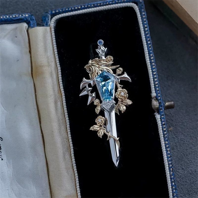 "Sworn Sword" Imitation Sea Blue Shield Lion Sword Brooch Exquisite High-End Suit Coat Pin Accessory