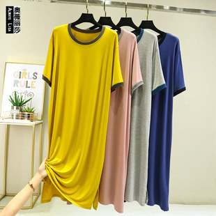 Outdoor Wear modal round neck color matching short sleeve plus size loose thin casual dress women's long split nightdress