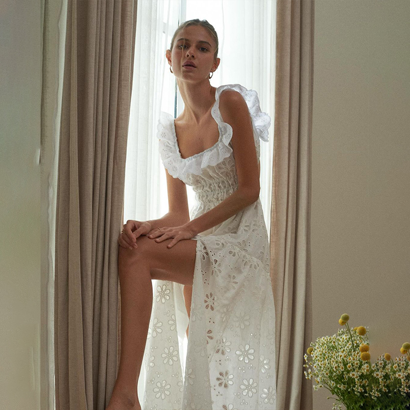 Sanya Niche Romantic Ruffled Square-Neck Embroidered Dress French Resort Style Backless Slit Fairy Long Dress