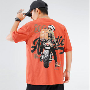 American street motorcycle printed short sleeve T-shirt men's ins fashion brand loose personality 2024 new summer half sleeve