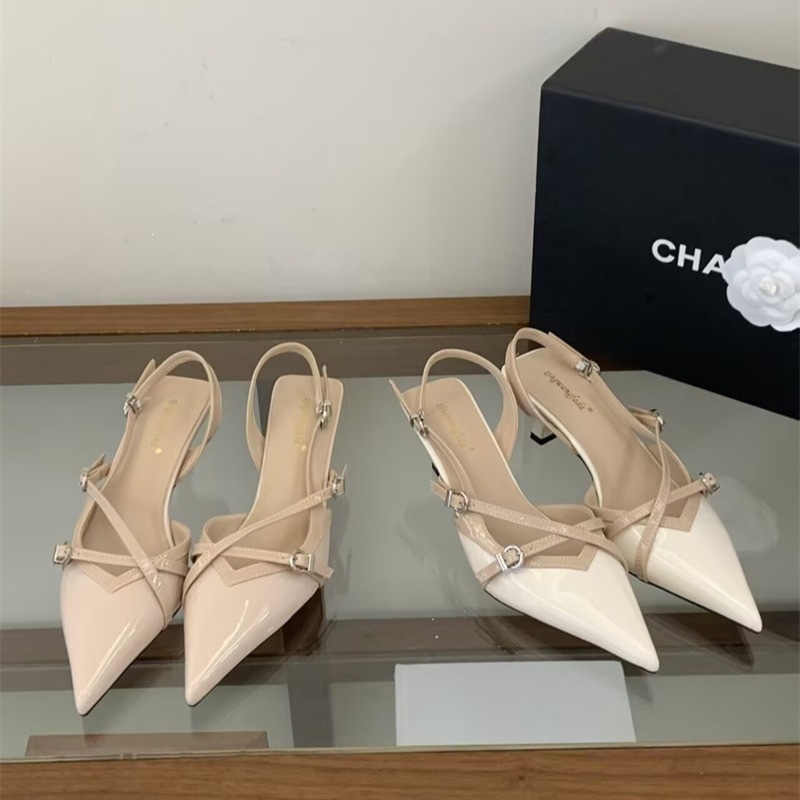 Commuter Patent Leather Sandals 6cm Kitten Heel~Elegant Pointed Toe Cross-Strap Back-Strap Sandals for Women