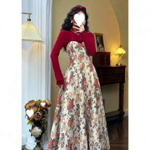 Youyou 2024 high-grade dress French new retro temperament floral sling autumn and winter slim two-piece set