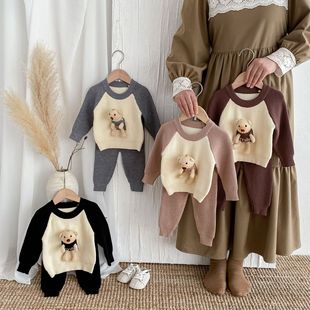 Korean Style Autumn and Winter New Children's Wear Pocket Bear Doll Contrast Raglan Sleeve Waffle Casual Long Sleeve Trousers Set