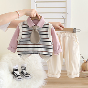 Five small seven children's clothing 2024 spring and autumn new 0-4 years old boys and girls solid color tie sweater vest shirt 3 suit