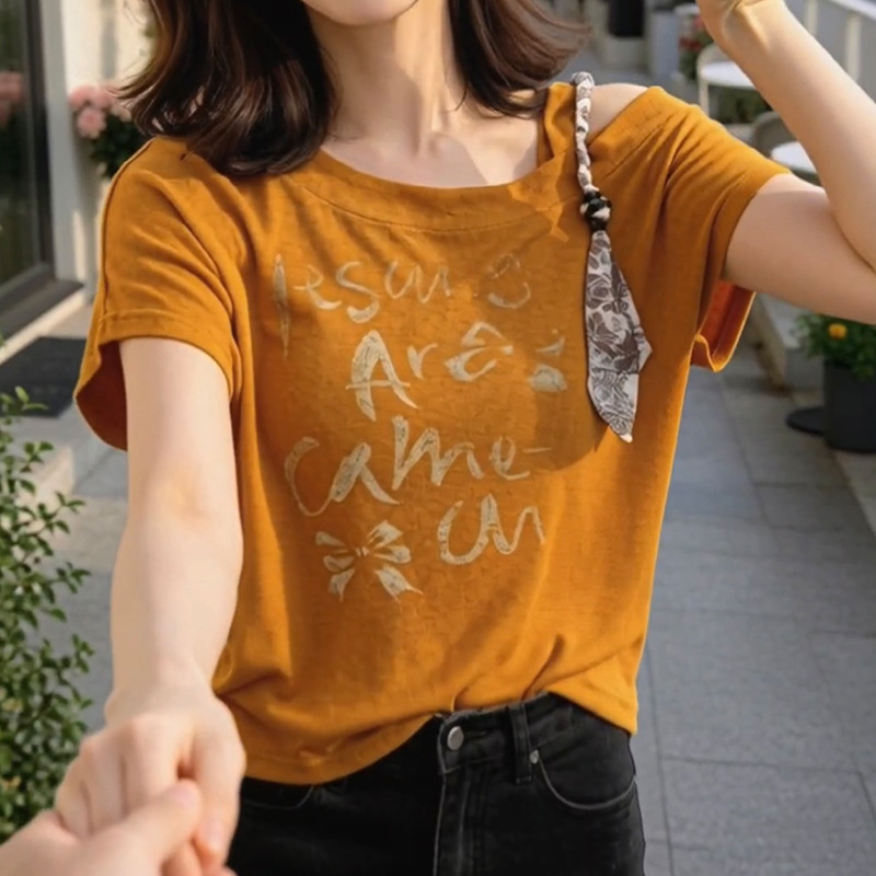 Silk Scarf Strap Off-Shoulder T-Shirt for Women with Unique Design, Asymmetrical Neckline, Letter Print, Slim Fit Short-Sleeve Top
