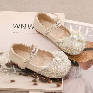 Girls' Shoes Children's Princess Shoes 2025 Spring and Autumn New Girls Small Leather Shoes Baby Crystal Shiny Rhinestone Shoes
