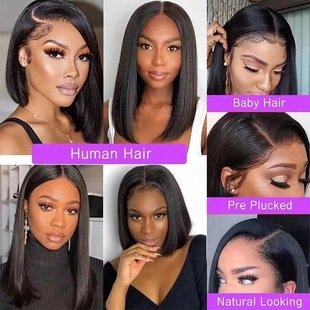 European and American wig black short straight hair mid-point bobo wave head high temperature silk fiber hair front lace head cover foreign trade