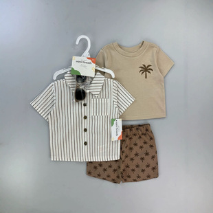 South Korea children's clothing 2025 summer new boys and children Korean striped lapel shirt children's short sleeve cardigan coat