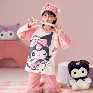 Girls' Pajamas 2024 Fall/Winter Flannel Warm Cartoon Big Kids Girls Baby Coral Fleece Home Clothes suit