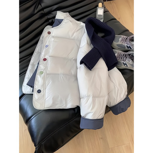 Korean Style Loose Milk Blue Hat-less Crewneck Cotton-padded Coat Women's Winter Small Thickened Short Cotton-padded Coat Fashionable Cotton-padded Coat