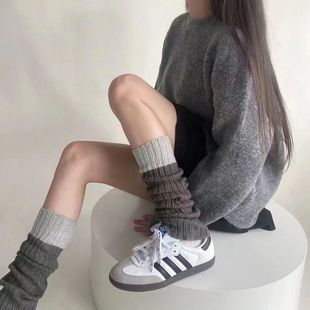 Spring and Autumn New knitted socks contrast color stitching leg cover versatile simple trendy gray warm wool calf foot cover