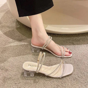 Two-Wear Sandals and Slippers Women's Summer Outfit 2025 New Arrival Rhinestone Fairy Style Crystal Thick Heel Sandals Cyber Celebron High Heels