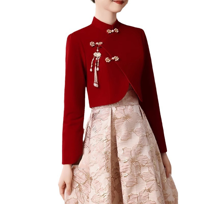 Wedding Dress for the Bride 2026 New Style Red New Chinese Style Wedding Engagement Dress Long Sleeve Long Cheongsam Dress