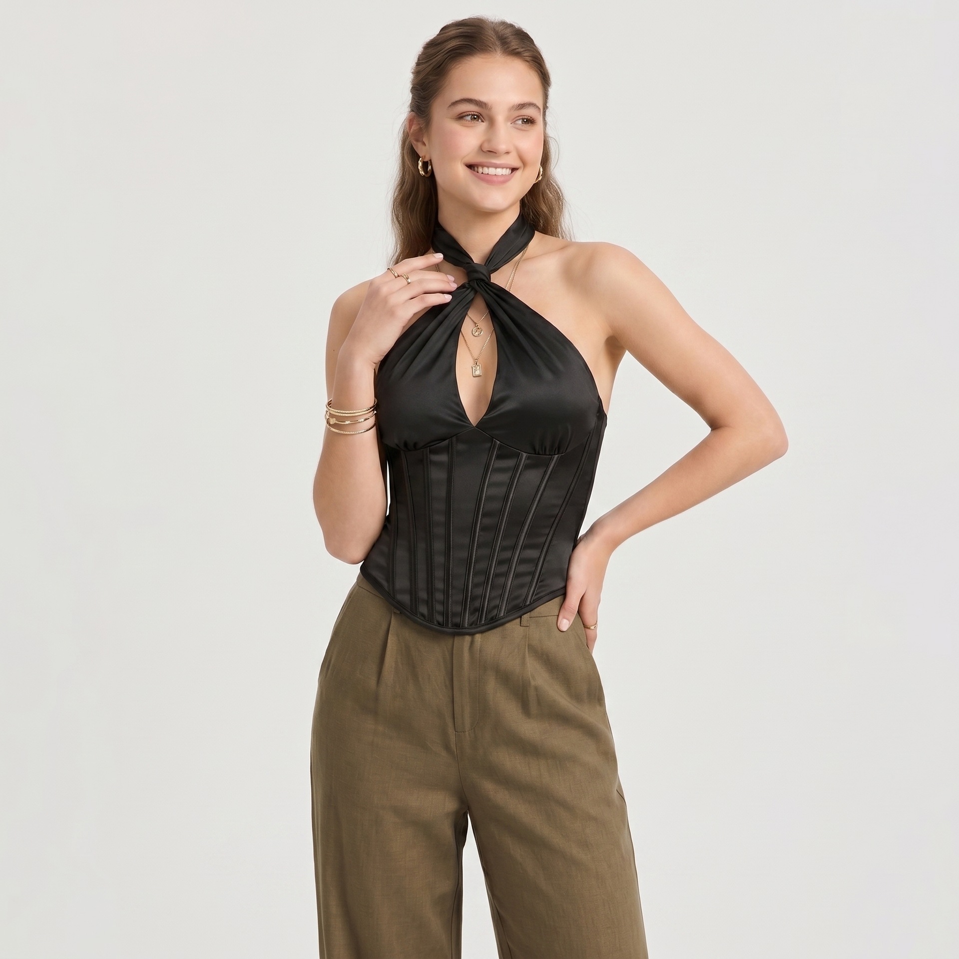 Cross-Border European and American Style Halter Neck Hollow-Out Fishbone Corset, Outerwear Waist-Cinching Slimming Tube Top, Shapewear Top Factory In-Stock