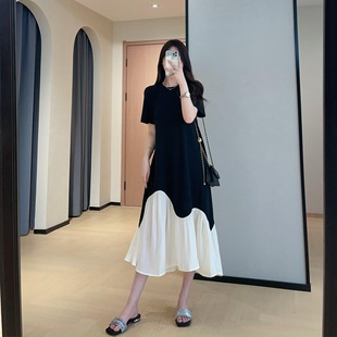 EU428 Giant Slim Elegant Casual T-Shirt Dress Long Irregular Stitching Fishtail dress Women 2025 Summer