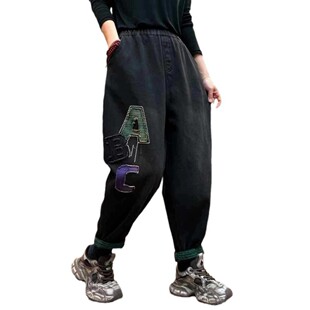 2024 Winter New Arrival fleece-lined Thickened Denim Pants Retro Ethnic Style Simple Padded Pants for Women