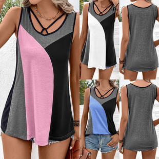 Cross-border Amazon sleeveless contrast color stitching sexy vest European and American color matching T-shirt top women