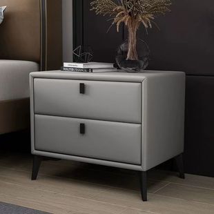 Light Luxury Bedside Table Italian Leather Modern Solid Wood Simple Bedroom Storage Small Bedside Cabinet Rock Board Storage Household