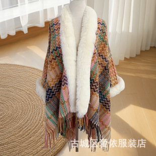Ethnic Style Shawl Women's Autumn and Winter Long Fur Collar Retro Cape Tassel Cape Scarf Travel Vacation Wear
