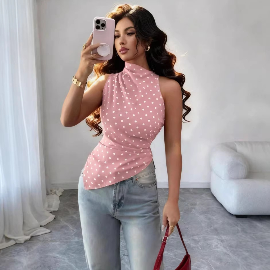 European and American Women's Fashion 2026 Summer New Slim-Fit Polka Dot Elegant Backless Sleeveless Halter Neck Waist-Cinching Irregular Top