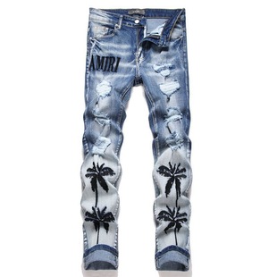 American European Men's Jeans with Holes, Embroidered Five-Pointed Stars, Trendyy Micro-Elastic Slimming Look Pants, Casual Pants