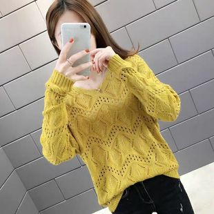 YXBB hollow sweater women's new pullover spring and autumn V-neck top loose long sleeve thin sweater bottoming shirt