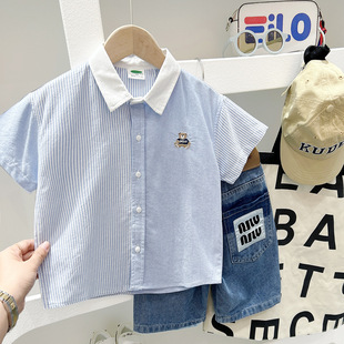 Children's Thin Short-sleeved Shirt 2025 Summer New Zhongda Boys Loose Breathable Embroidered Bear Lapp Top