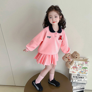 2025 Girls Spring New Polo Collar Pleated Skirt suit Spring and Autumn Internet Popular Baby Girl Fashionable Two-Piece Set