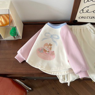 [Ready Stock] Cy251294 Girls Sweatshirt 2025 Spring New Korean Style Cute Bow Raglan Sleeve Printing