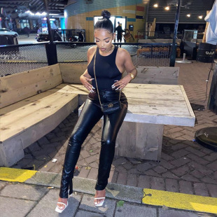 Cross-border Amazon 2024 Women's New Pants PU Leather Pants Sexy Slim-fit Micro-split Casual Pants Women's Trousers