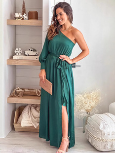 European and American Cross-border Women's Summer New Open Slit Long Dress Elegant Solid Color Slant Shoulder Square Collar Lace-up Pregnant Women's Dress