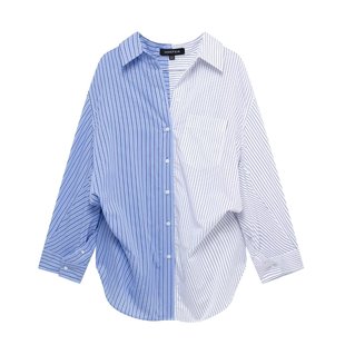Striped Printed Poplin Shirt 2025 Spring Summer European and American Cross-border Pleated V-Neck Long-sleeved Single-breasted Loose Top for Women