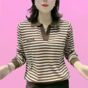 New Long-sleeved Top Lapel T-shirt Women's Fashionable All-match T-shirt plus size Middle-aged Mom Spring and Autumn Polo Shirt for Women