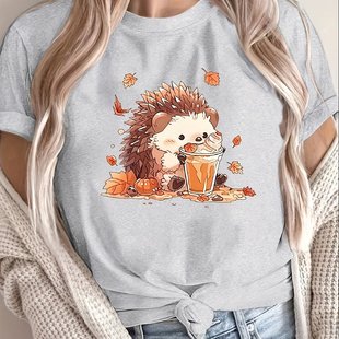 Hedgehog pumpkin dessert print crew-neck casual T-shirt, sho