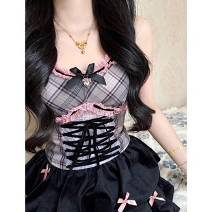 Plaid Strap Top High Waist Skirt suit Vintage Desire Lace Stitching Strap Hot Girl Cute Girly Sense