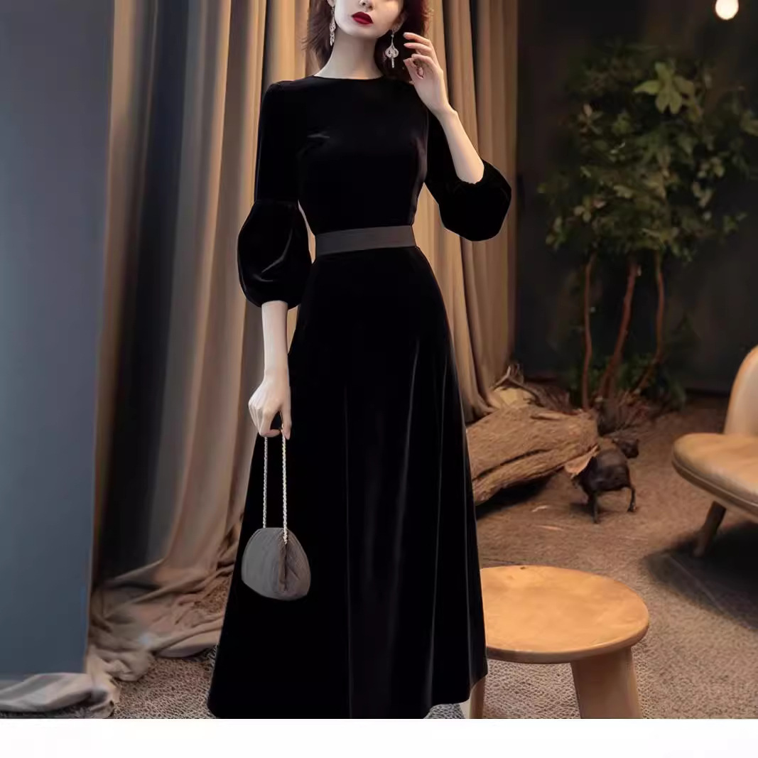 Socialite High-level Hepburn Style Formal Occasion Dress This Year's Fashion Super Beautiful Black Gold Velvet dress