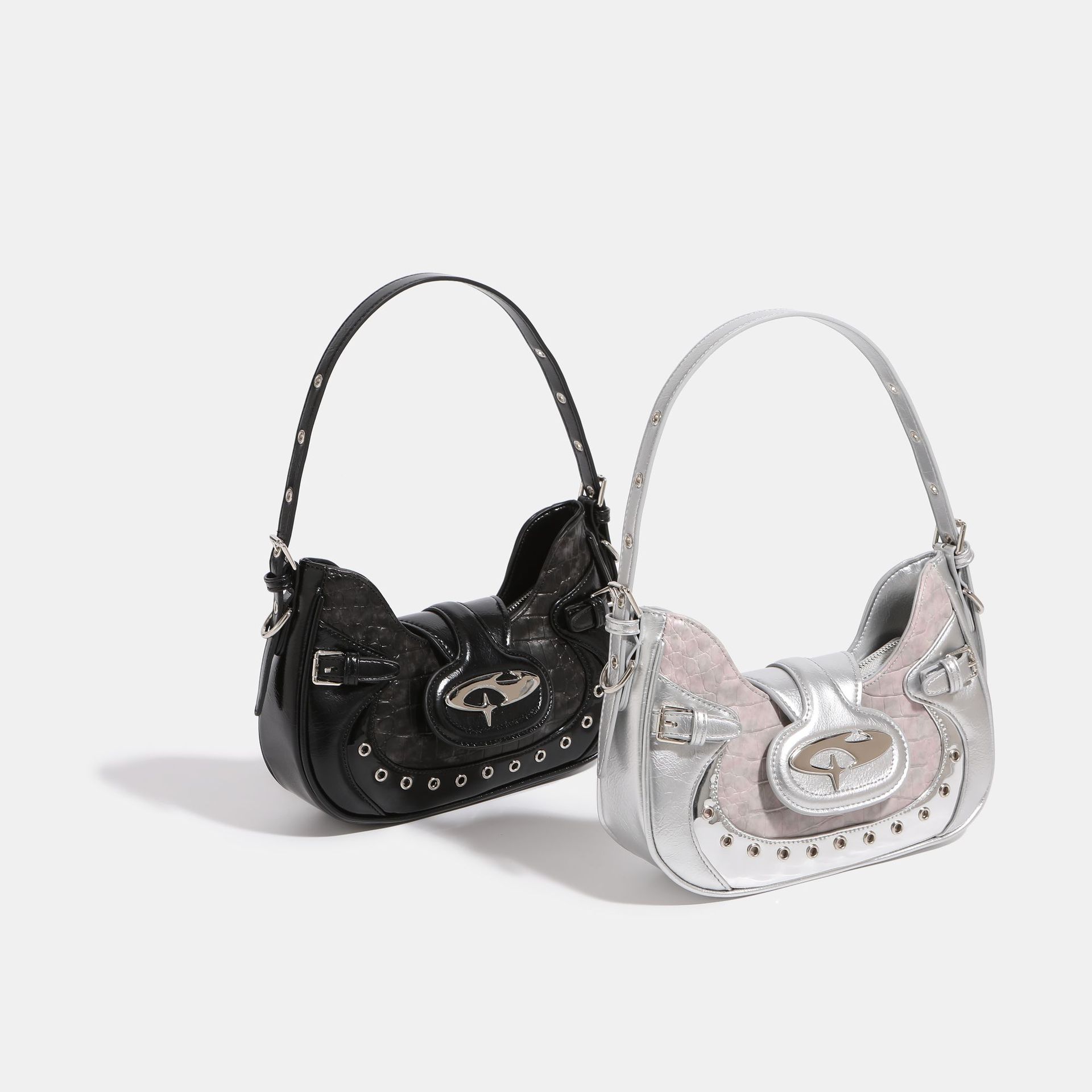 Millennial Hot Girl Motorcycle Bag 2023 New Women's Niche Design Crocodile Pattern Armpit Bag Matte Pink Shoulder Crossbody Bag