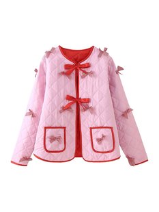 ZR foreign trade wholesale European and American style women's fashion Joker bow decorative lace loose long sleeve cotton coat